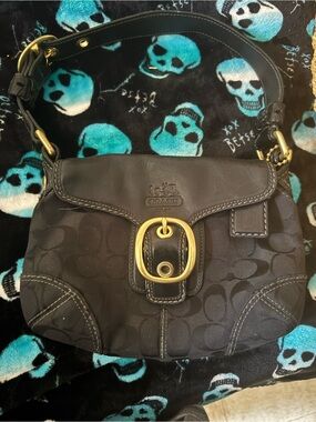 Coach Vintage 2000's Black Signature Canvas Shoulder Bag with Brass Buckle